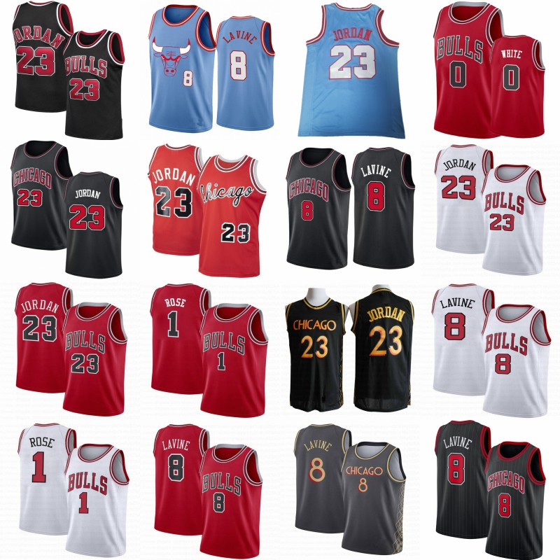 

Michael 23 Derrick MJ 1 Rose Zach 8 LaVine Vintage Basketball Jerseys ChicagoBullsJersey Coby 0 White Retro Jersey, Black;red