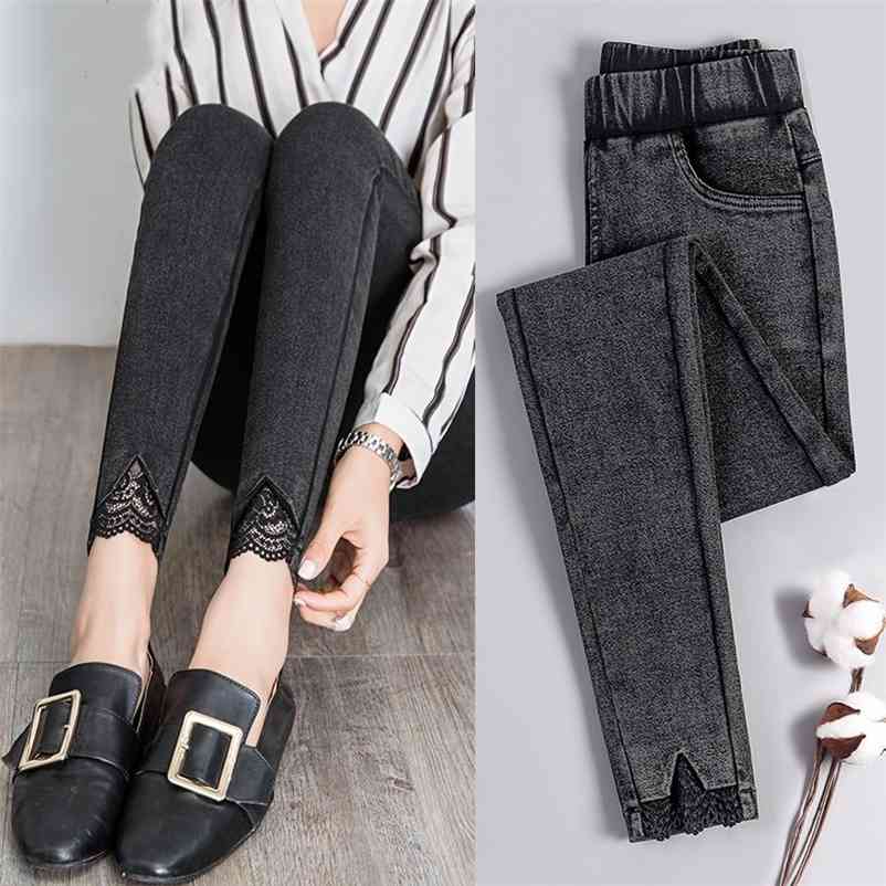

Lace Skinny Jeans Woman Autumn Fashion Boyfriend Washed Elastic Denim Trousers Pencil Slim  Pants Imitation Jean Femme 210629, D887 pure black