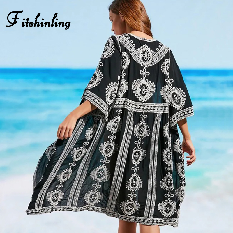 

Fitshinling Vintage Embroidery Beach Kimono Swimwear 3/4 Sleeve Autumn Bla Bikini Outer Cover Up Boho Holiday Long Cardigan