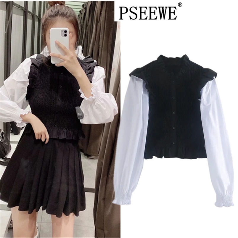 

Top Women Chic High collar Smocked Elastic Contrast Cropped Blouse Female Fashion Long Sleeves Button-up Tops 210519, Black and white