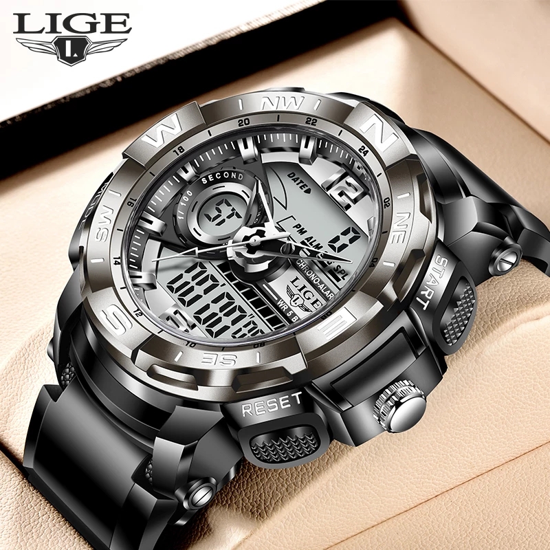 

2021 LIGE Sport Men Quartz Digital Watch Creative Diving Watches Men Waterproof Alarm Watch Dual Display Clock Relogio Masculinog, Silver black