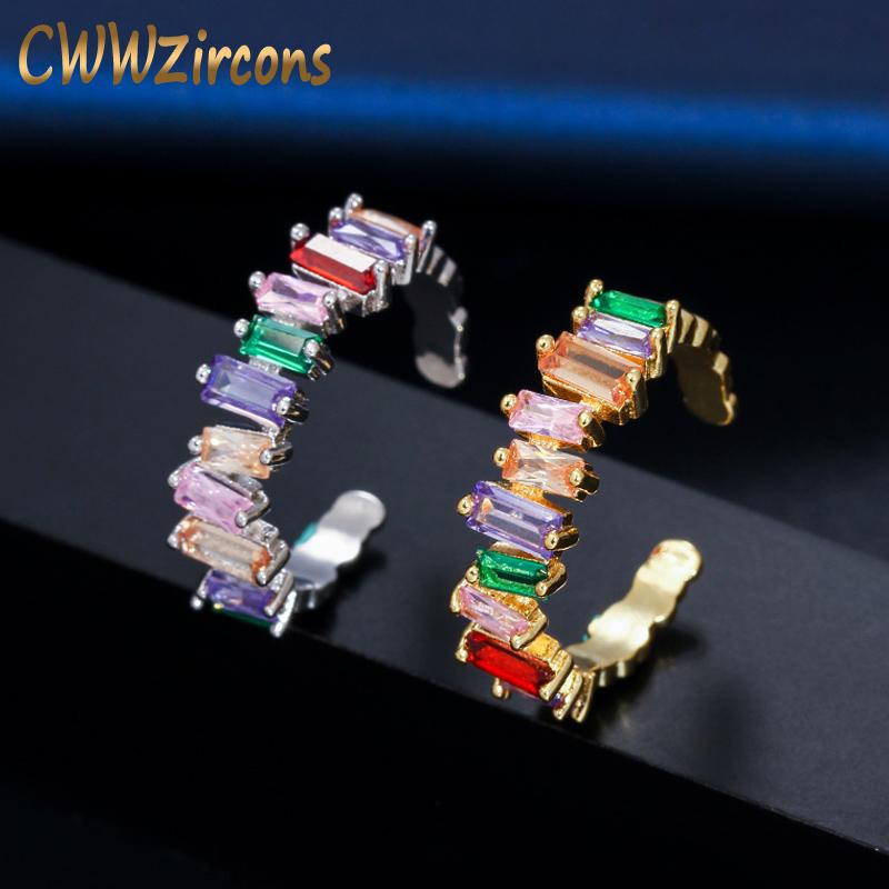 

Cluster Rings CWWZircons Gold Silver Plated Fashion Rainbow Bar Eternity Colorful Band Square Baguette CZ Engagement For Women R140, Golden;silver