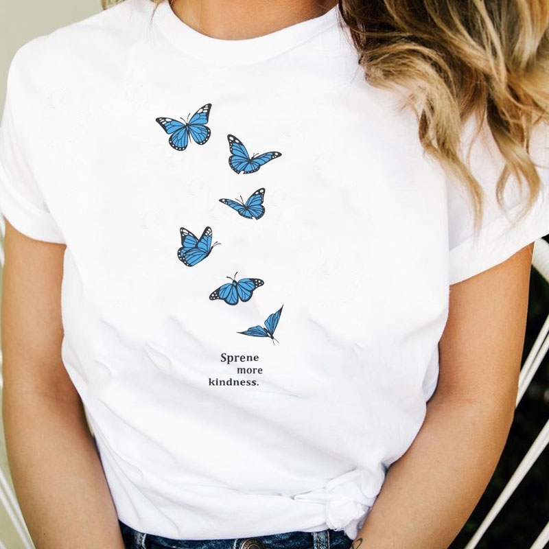 

Sprene More Kindness Butterfly Graphic Tee Summer Fashion 100% Cotton O Neck Casual Funny Kawaii Cute White Women Tee T-Shirt 210518