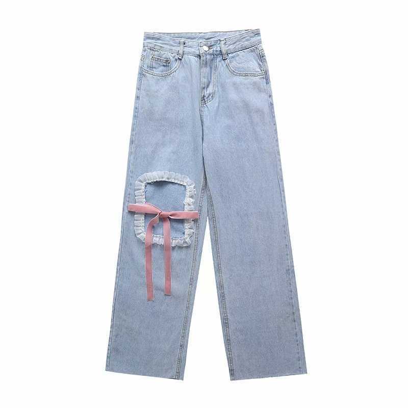 

Denim Ripped Jeans Women Fashion Design Lace Trim Hole with pink bow Trousers High Waist Chic Lady Y2K Pants Pantalon 210709, Denim jeans