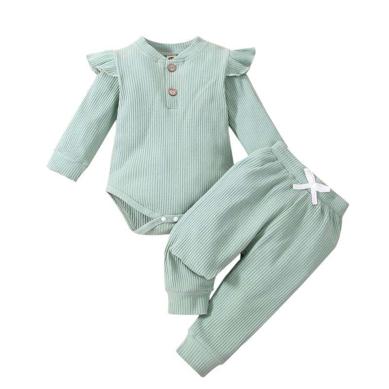 

Clothing Sets Born Girl Two-Piece Outfits Ribbed O-Neck Long Sleeve Romper + Elastic Waist Bowknot Trousers Spring Autumn 0-24 Months, White