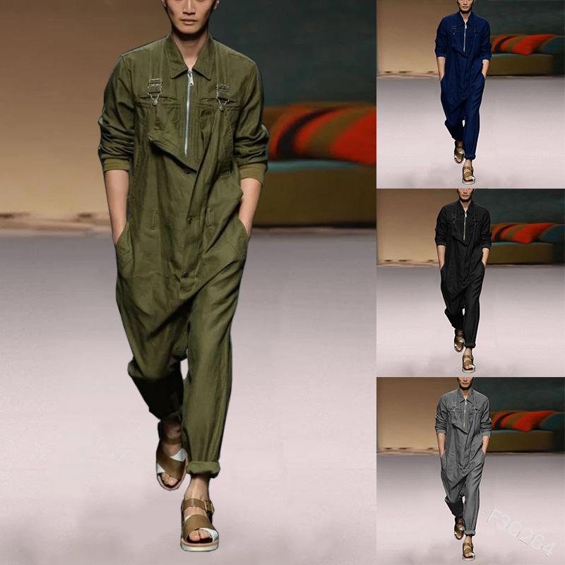 

Mens Pants Plus Size Loose Men Jumpsuit Overalls Long Casual Solid Pockets Button Playsuits One Piece Romper Sweatpants, Black