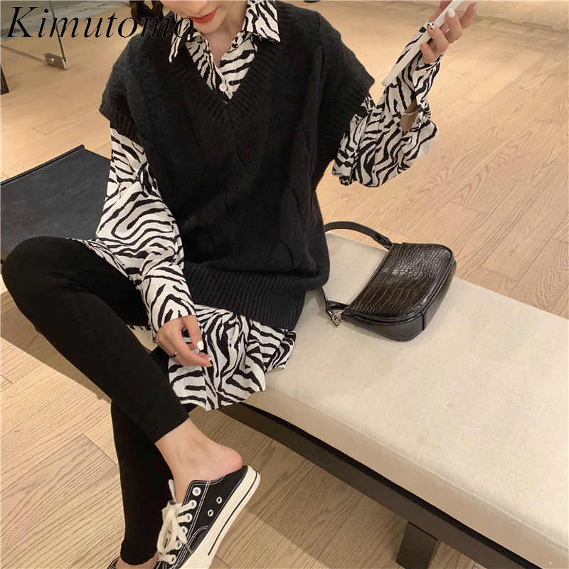 

Kimutomo Casual Two Piece Set Women Knitted Vest Spring Autumn Korea Chic Female Striped Shirt Outwear Fashion 210521