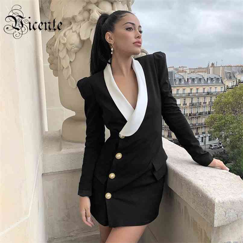 

Chic Pearl Button Design Turn-down Collar Celebrity Party Club Mini Blazer Dress 210520, Black