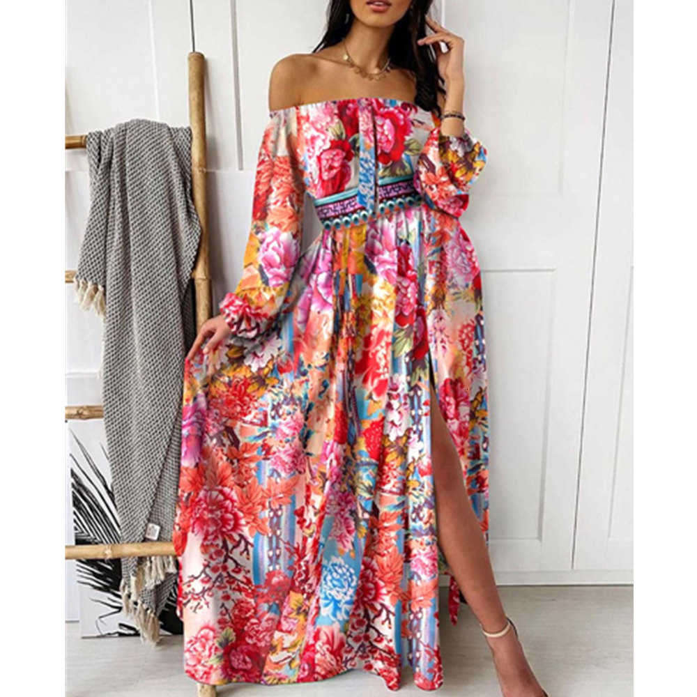 

Women' V-neck Pullover long sleeve large swing split evening Printed, Light blue