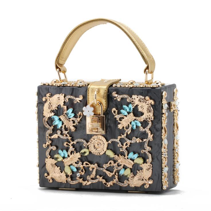 

Factory wholesale women bag high quality acrylic diamond handbag fashion alloy carved portable hard pack elegant diamonds evening bags, Black(boutique box)
