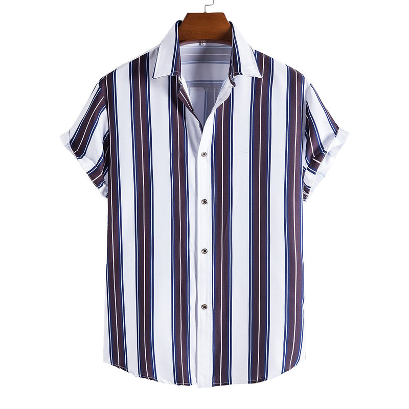 

White and purple stripes design Hawaiian style men's short-sleeved shirt geometric printing party beach daily casual top lapel, White;black