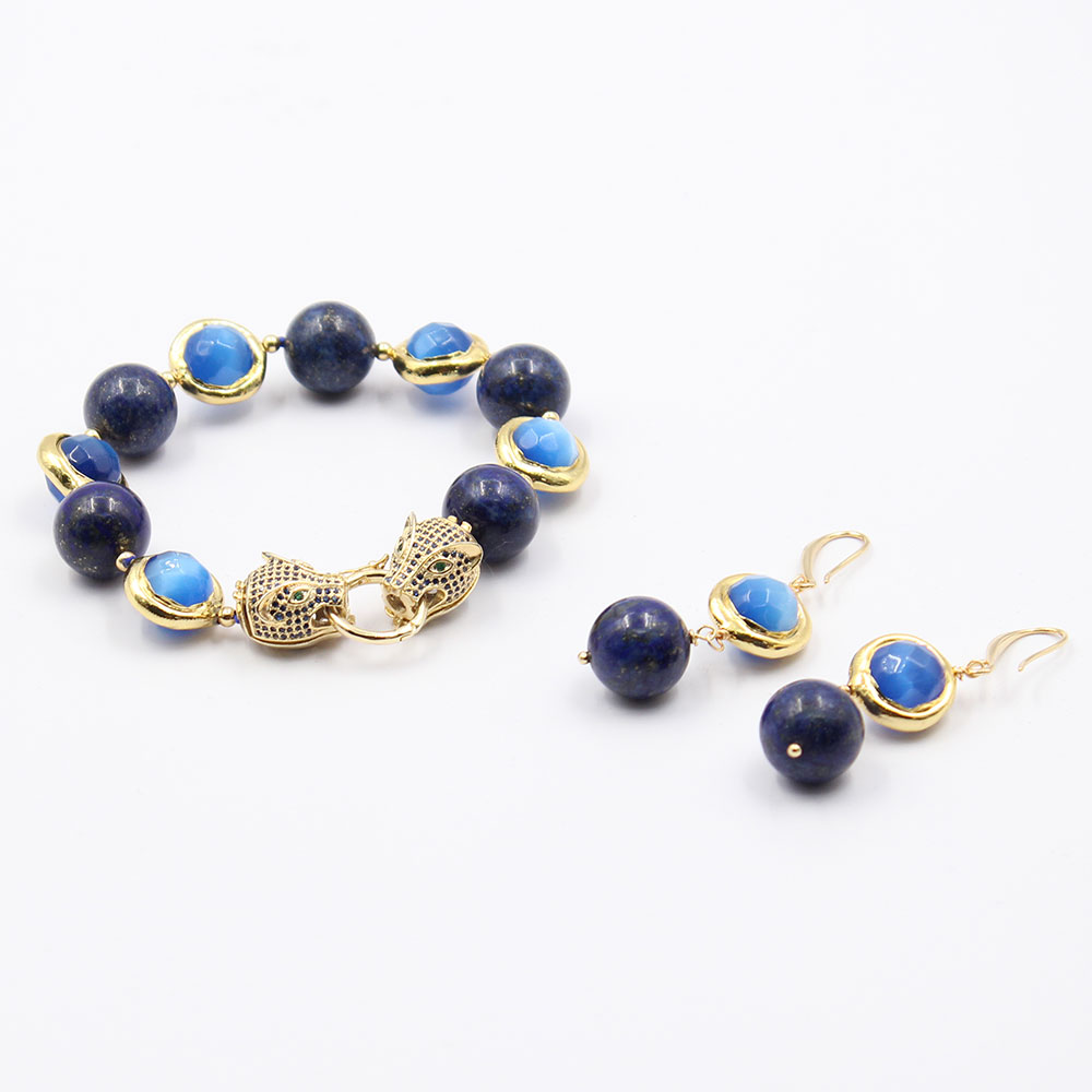 

GuaiGuai Jewelry Natural Smooth Round Blue Lapis Lazuli Gold Plated Cat eye CZ Clasp Bracelet Earrings Sets Cute Style For Women, Light green