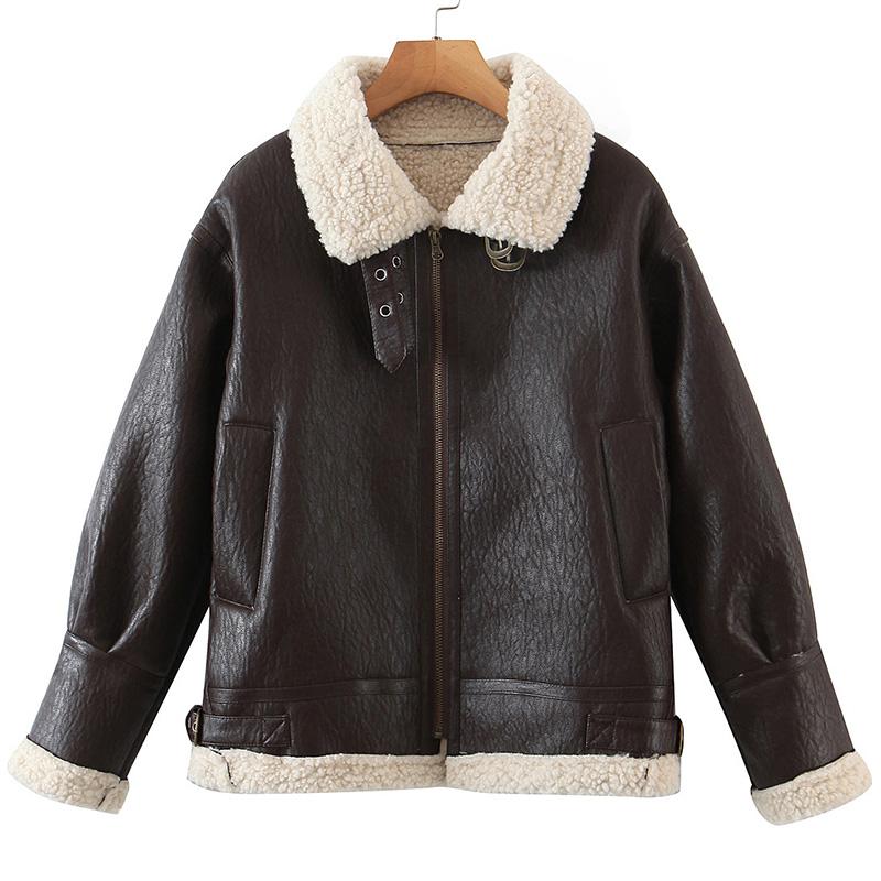 

Women's Leather & Faux Winter Lamb Fur All-in-one Motorcycle Jacket Pu Turn Down Collar Coat Long Sleeve Outerwear Top Female Zipper Coats, Black