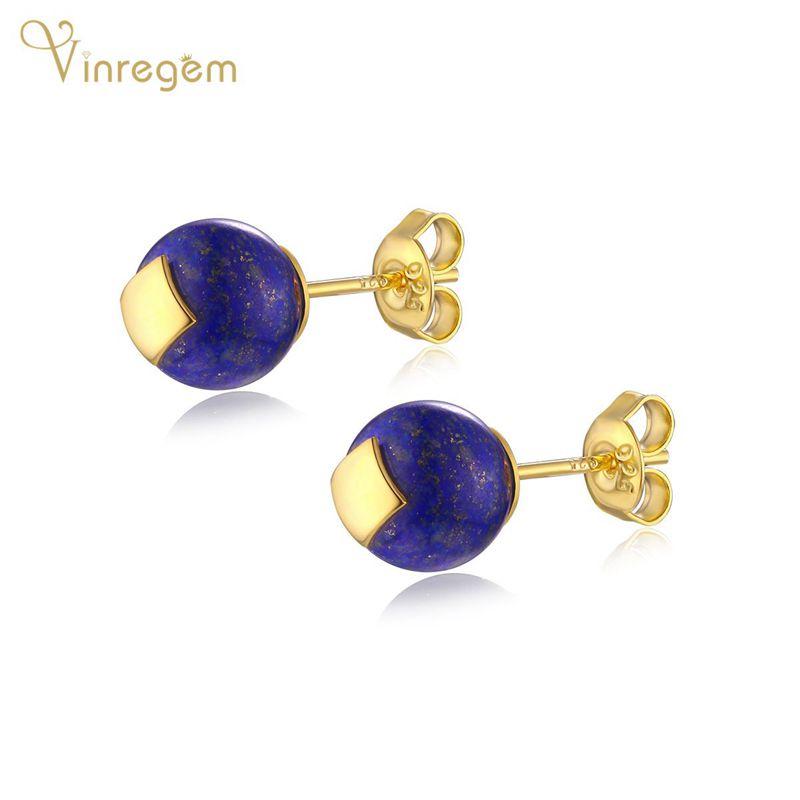 

Stud Vinregem 925 Sterling Silver Lapis Gemstone Wedding Engagement Vintage 18K Yellow Gold Ear Studs Earrings Fine Jewelry Wholesale, Golden;silver