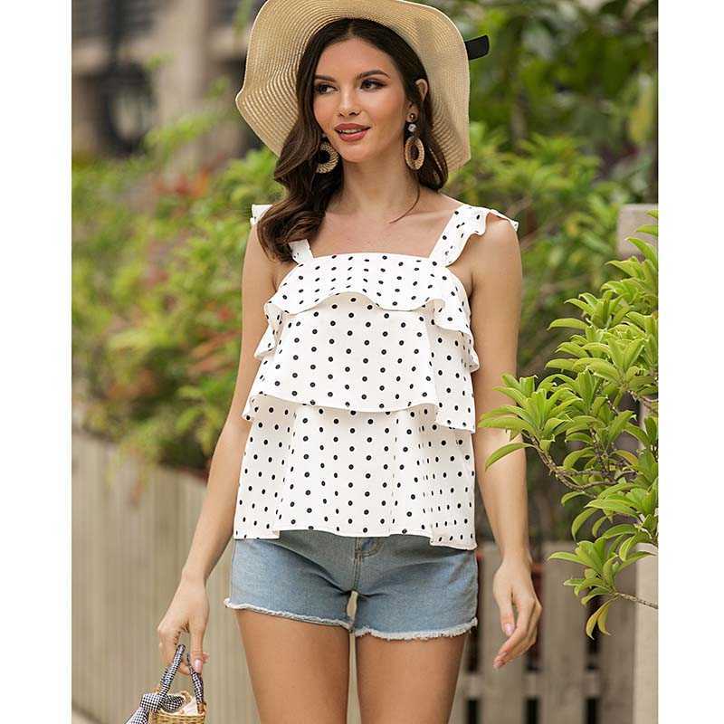

Fashion Polka Dot Summer Women T-Shirt Sleeveless Ruffles Streetwear Ladies Slim Top W867 210526