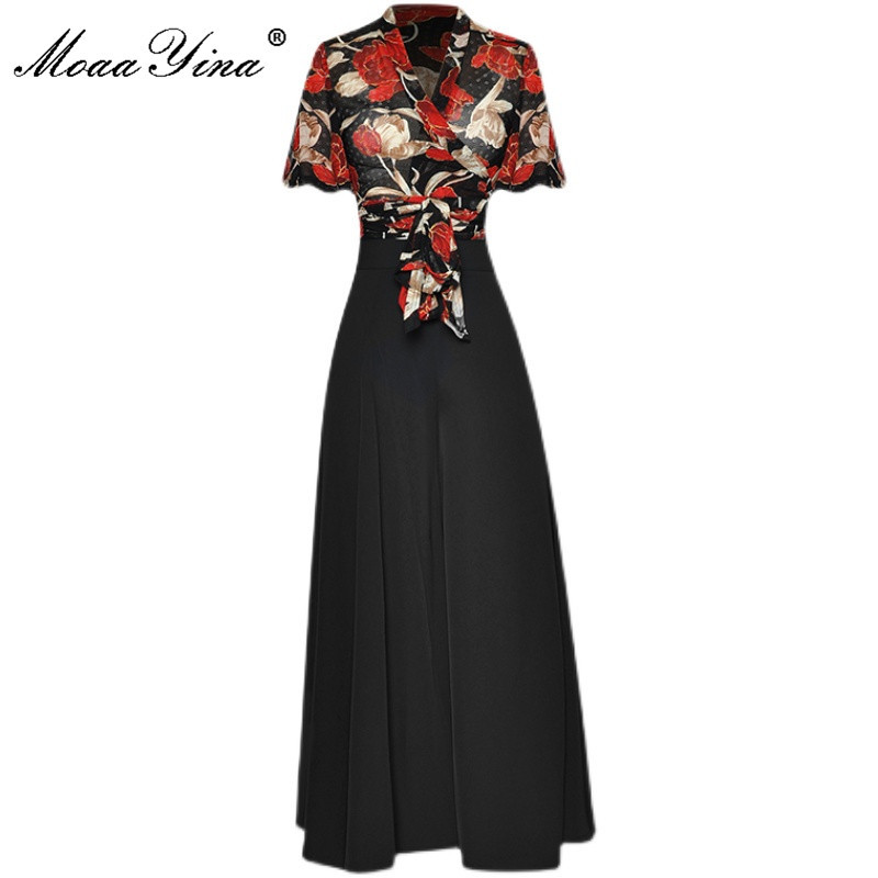 

Designer Summer Skirt Suit Woman V-Neck Floral Print Slim Shirt and Black High Waist Long Skirts Two Piece Set 210524, Red