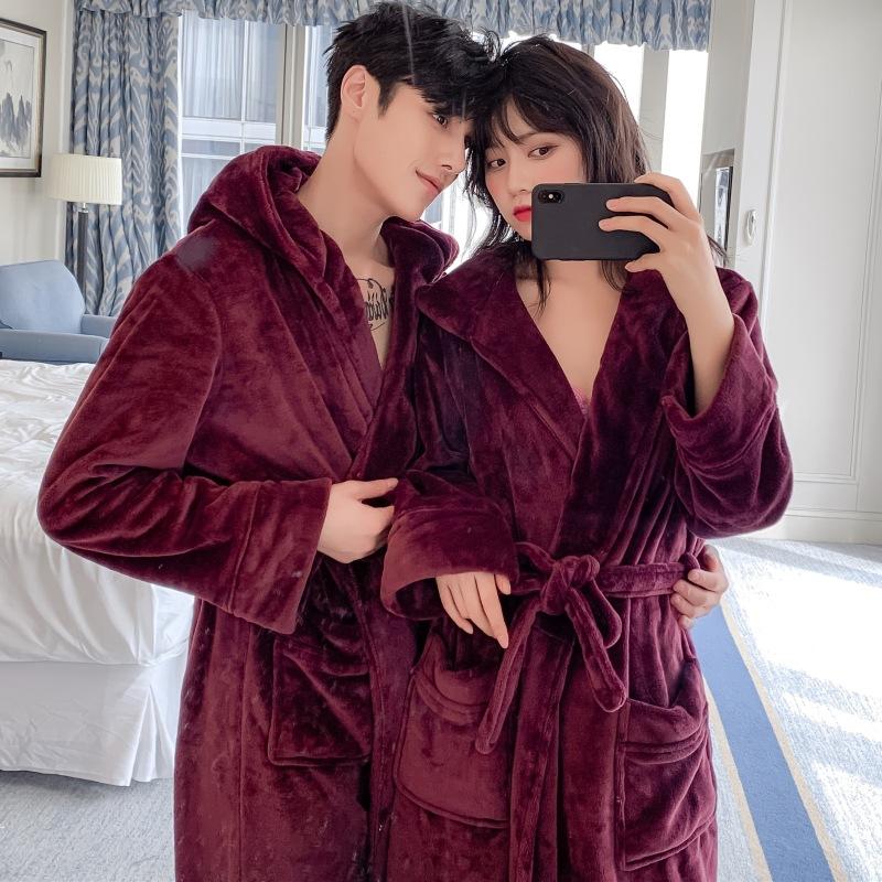 

Women's Sleepwear Winter Flannel Nightgown Thickened Extra-long Bathrobe Couple Pajamas Hooded Home Wear Robe Sets