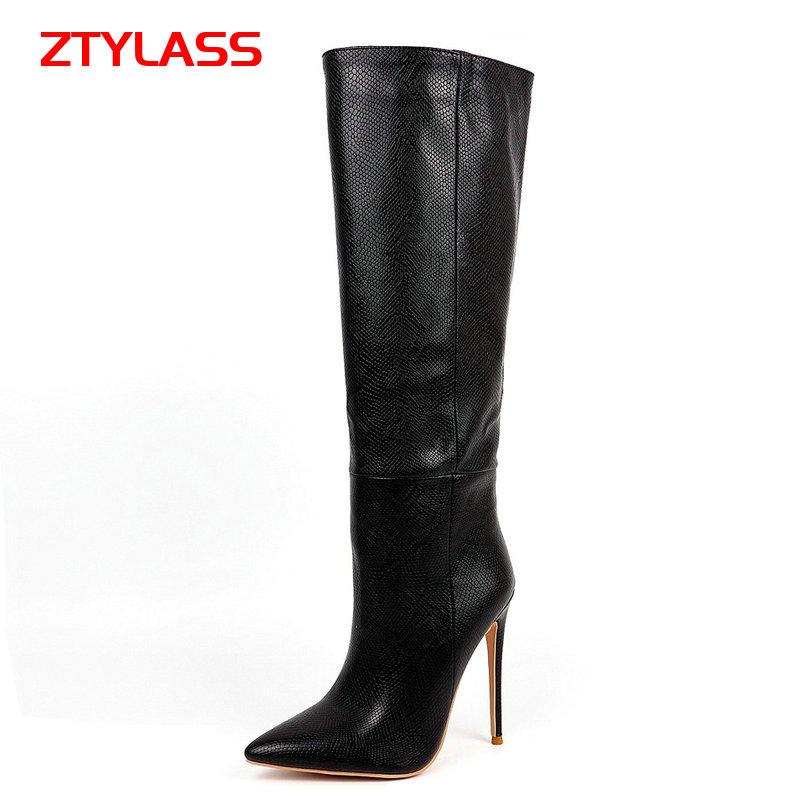 

Boots Fashion Super High Heel Knee Faux Leather Women Spring Autumn Pointed Toe Long Winter Shoes 41 42 43, Black