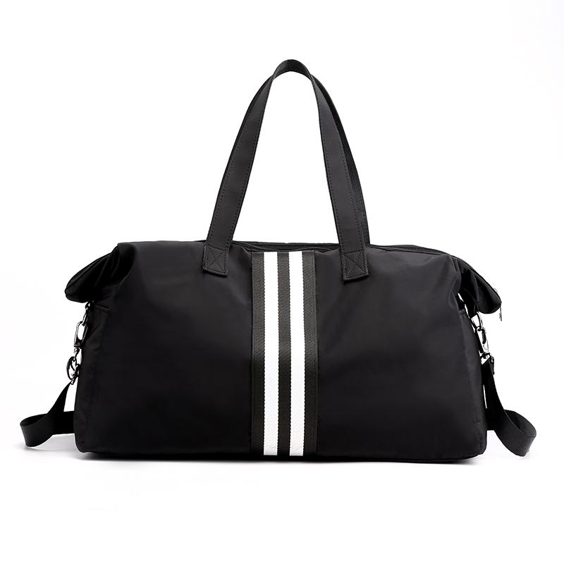 

Duffel Bags Women Waterproof Travel Ladies Striped Handbag Large Nylon Luggage Bag Foldable Duffle Weekend Fitness, Black