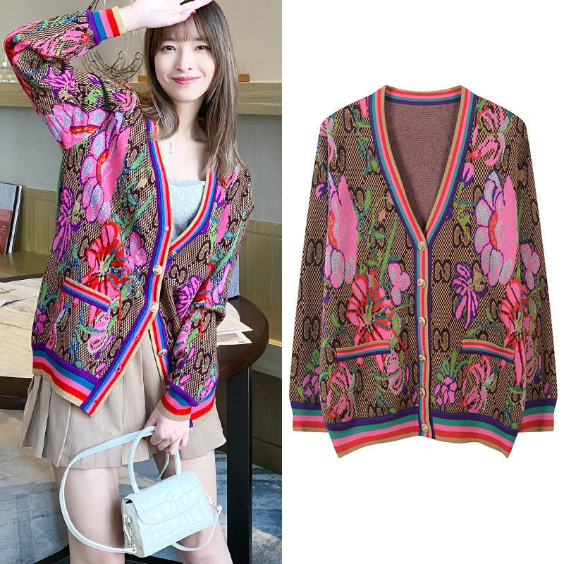 

Retro Light Luxury Gold Thread Flower Contrast Stitching Loose V-neck Temperament Was Thin Cardigan Jacket