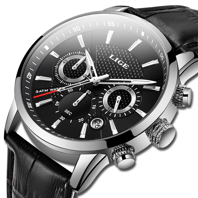 

Mens Watches LIGE Top Leather Casual Quartz Watch Men Sport Waterproof Clock Black Watch+Box Relogio Masculino Wristwatches, L all black