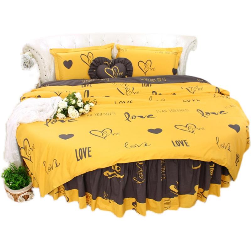 

Bedding Sets Yellow Color Cotton LOVE Heart Design Round Bed Duvet Cover Bedskirt Pillow Case King Size Floral Luxury Home