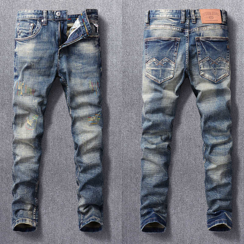 

Italian Style Fashion Men Jeans Retro Blue Elastic Slim Ripped Embroidery Designer Vintage Stretch Casual Denim Pants D58Q