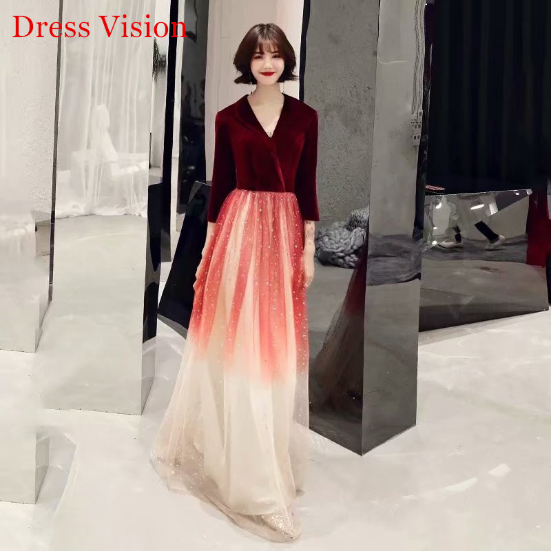 

New Style Evening Dresses V-Neck Three Quarter Sleeve Tulle Floor Length, White