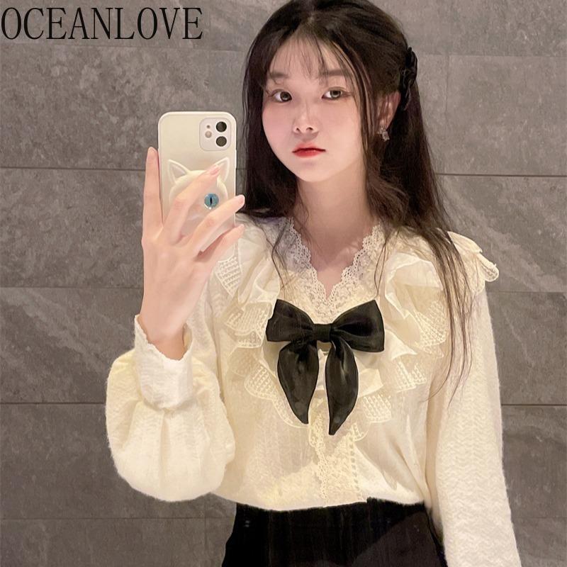 

Women's Blouses & Shirts OCEANLOVE Womens Tops Chic Bow Elegant White Heavy Patchwork Lace Temperament Blusas De Mujer Korean V-neck Sweet