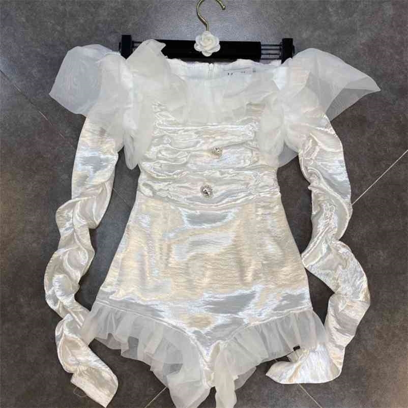 

Women Organza Ruffles Careful Style Playsuit Solid Color Long Sleeve Romper Fashion Spring Summer 11B404 210525, Black