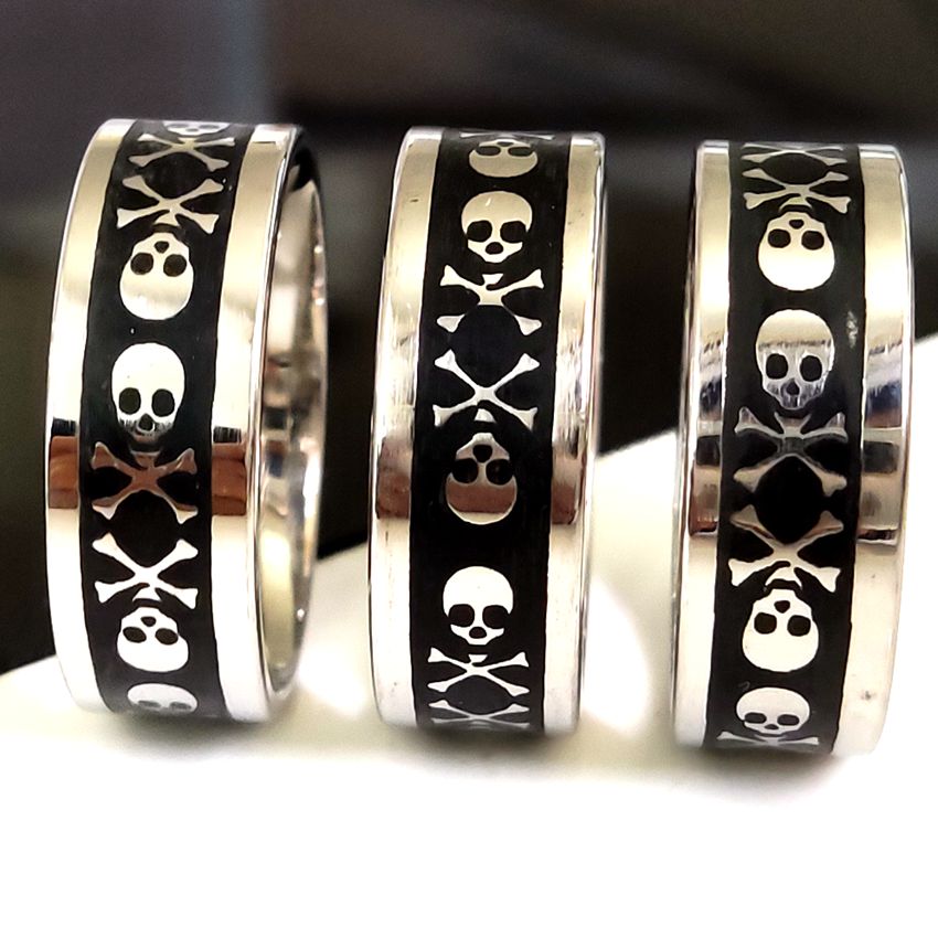 

30pcs Men's Punk Skull Bands Ring Male Female 8mm Comfort-fit Stainless Steel Ghost head Skeleton Gothic Ring Black Oil Filled Man Jewelry Wholesale lots
