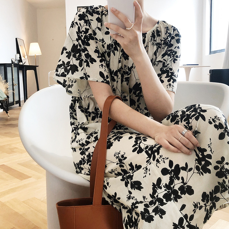 

Ladies Retro Literary Cotton Linen Thin Floral O Neck Short Sleeve Dress Women Summer Lazy Holiday Long Printed Dresses 210520, Black