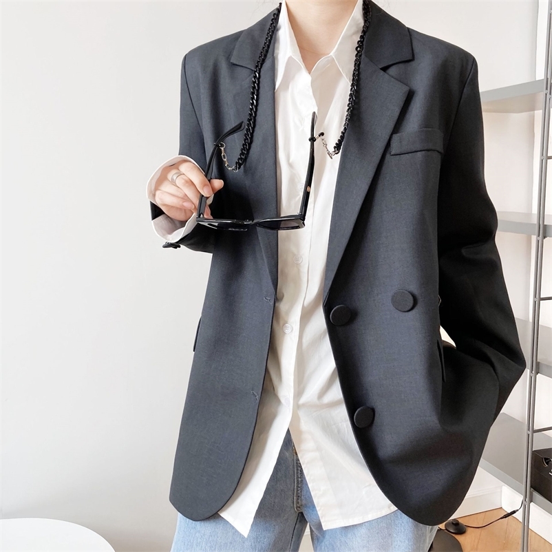 

Loose Casual Suit Jackets Women's Autumn Fashion Silhouette Double Breasted Solid Blazer Female Office Lady 210607, Grey