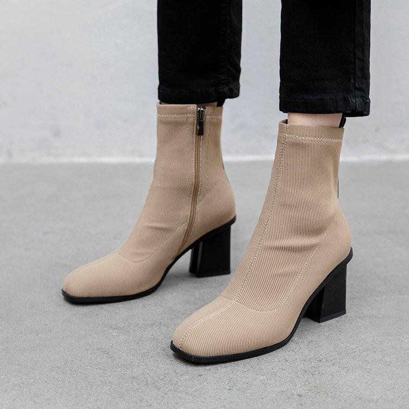 

Boots Women Spring Autumn Stretch Cloth Ankle Fashion Zipper Thick Heel Knitted Short Ladies Square Toe Shoes Woman, Beige