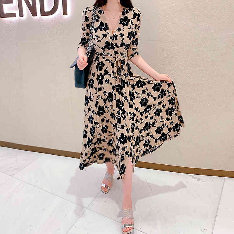 

V-neck Three-quarter Sleeve Floral Korea Women Bohemian Beach Maxi Wrap Dresses Floral Elegant Ladies Holiday Dress Clothes, Black;gray