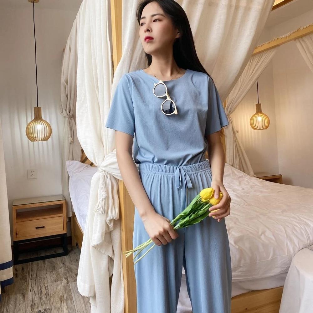 

2021lazy suit summer thin viscose fiber loose wide leg pants 2 pcs leisure fashion pajamas set comfortable home wear suits plus size, Black;red