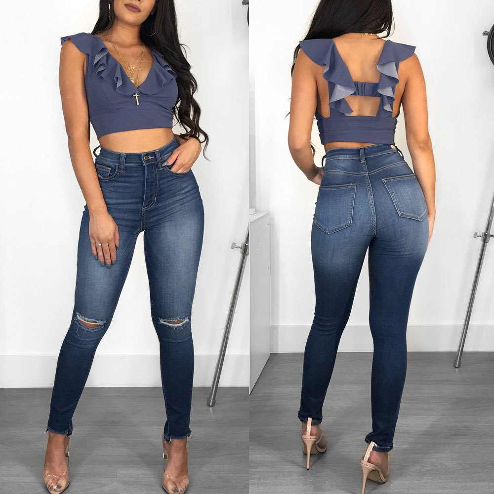 

YY6027 Ladies Trousers Ripped Hole Jeans Spring Women Middle Waistline High-elastic Leggins Fashion Casual Streetwear Elasticity Butt-lift Tights Pencil Pants, As picture show