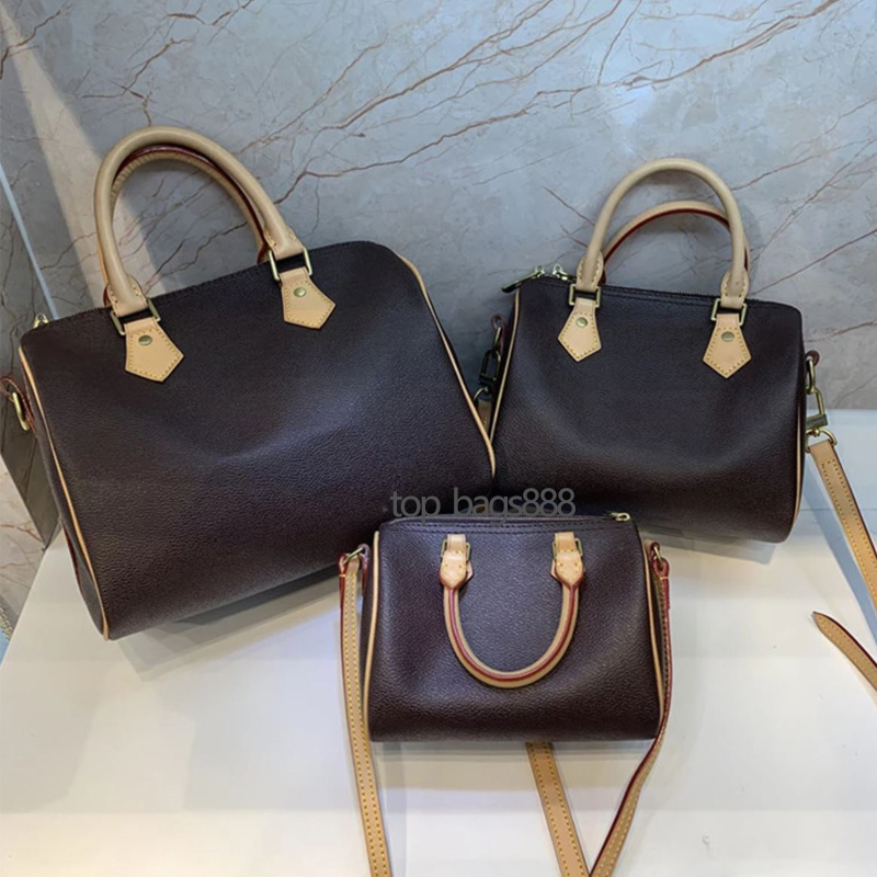 

Top quality shoulder crossbody boston pillow bag with removable straps classic brown letters print canvas genuine leather handbags women han