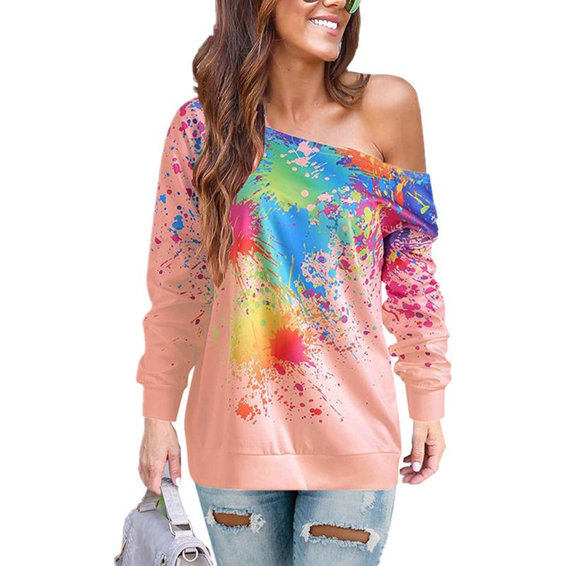 

Women' Hoodies & Sweatshirts Autumn Winter Ladies Leisure Oblique Shoulder Spray Paint Women Pullovers Fashion Casual Lash Neck, White