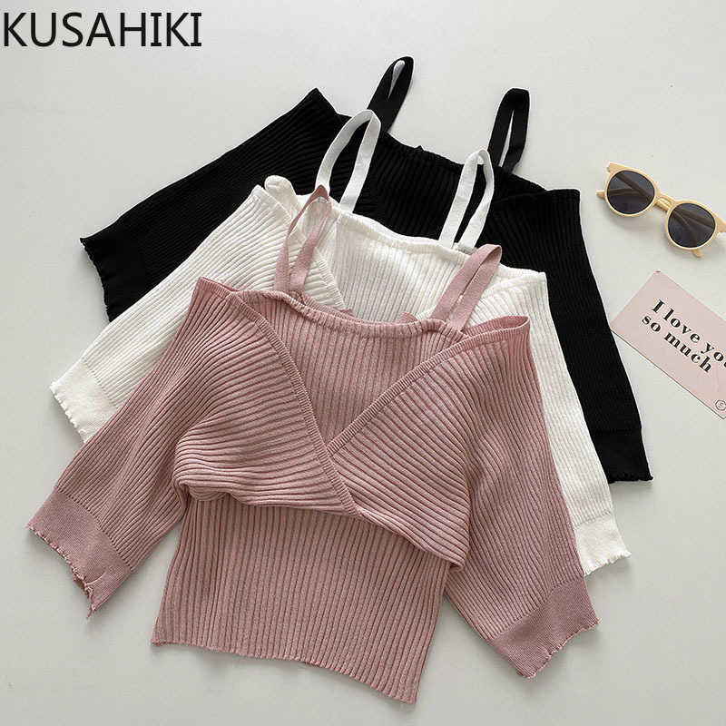 

KUSAHIKI Summer Korean Women Knitted Tops Fake Two Pieces Strapless Short Sleeve Slash Neck Pullover Knitwear 6H787 210602, Black