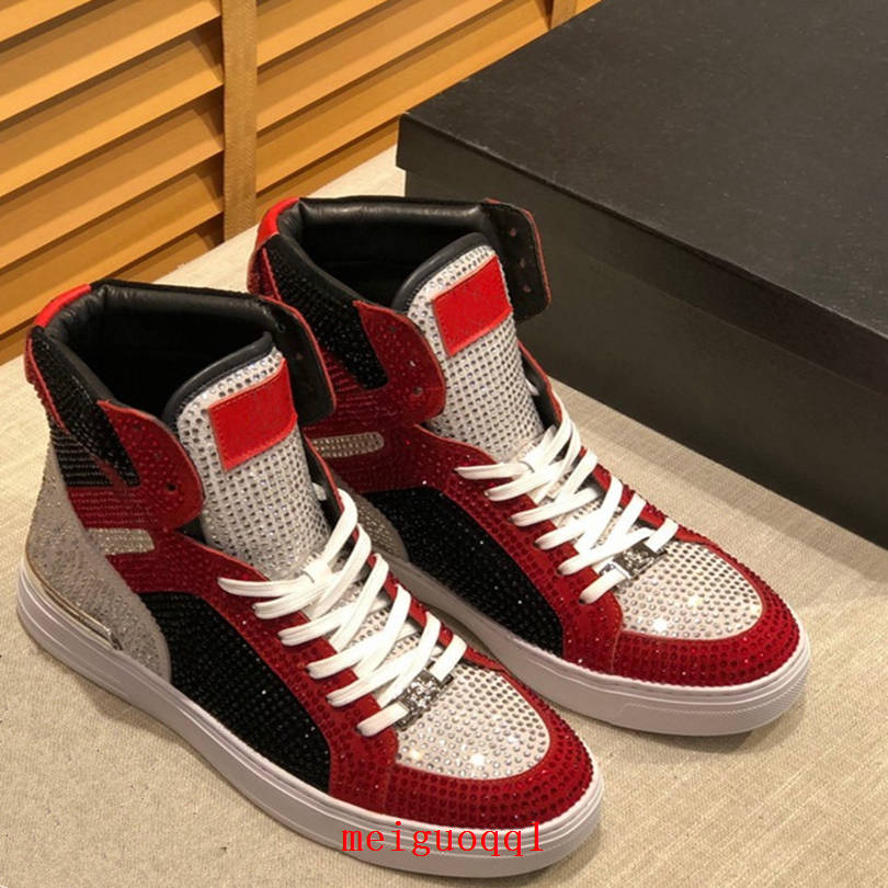 

New style men's full diamond ankle boots sneakers high quality leather pp sole designer casual shoes latest fashion flat bottom men 38-45 Shipped with box, package