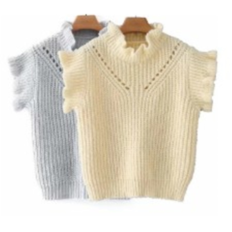 

Spring Hollow Ruffled Sweater Vest Women Sleeveless Loose Collar Female Jumpers Pullover 210607, Grey
