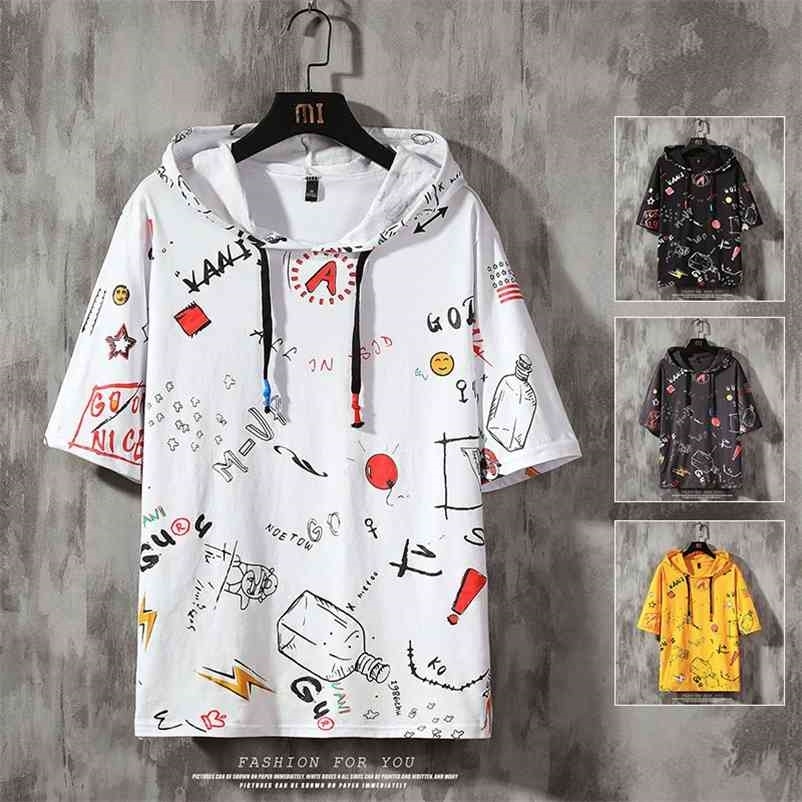 Mens Tops Tees Summer Print Short Sleeve With Hooded T Shirt Hip Hop Streetwear Sports Wear Tshirt 210726