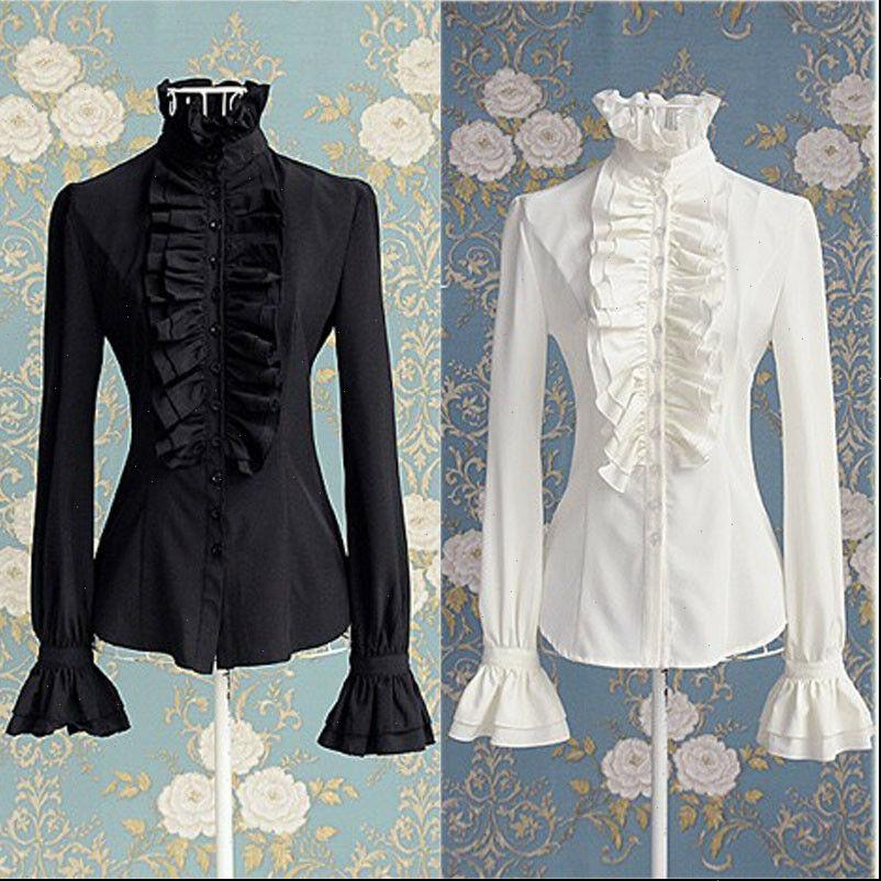 

victorian white ol office women shirt black high neck frilly ruffle cuffs