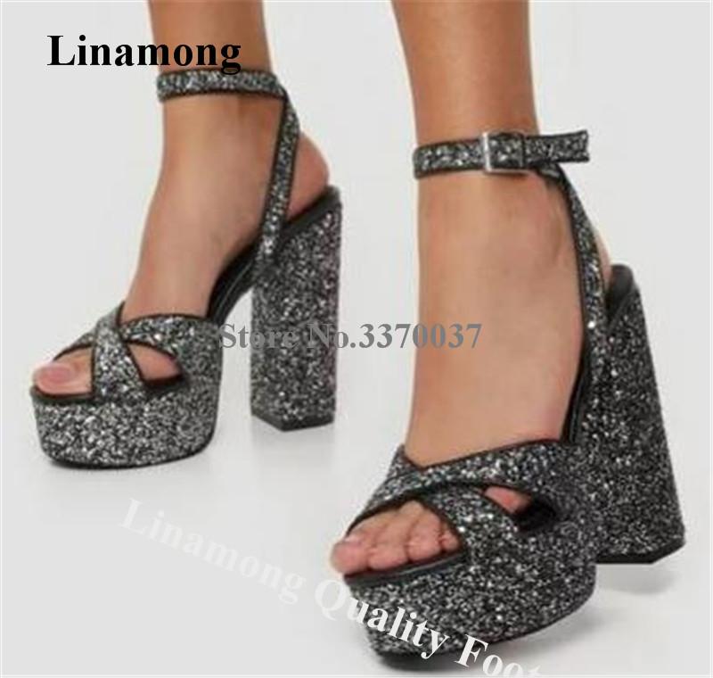

Linamong Bling Glitter Open Toe High Platform Chunky Heel Sandals Black Sequined Thick Wedding Shoes Dress