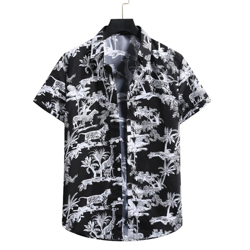 

Men's Casual Shirts Cardigan Short Sleeve Hawaiian Beach Flower Shirt Turtleneck Loose Summer Blouse, White;black
