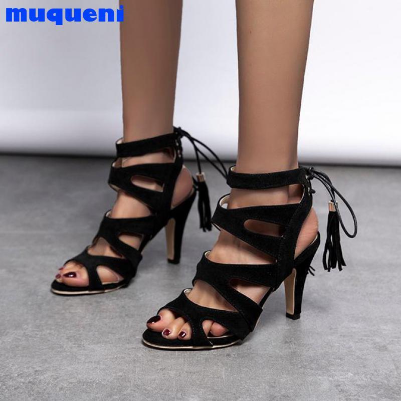 

Dress Shoes Sexy Tassels Hollow Out Mules Women Thin Heel Sandals Summer High Heels Peep Toe Slides Ladies Brown Black