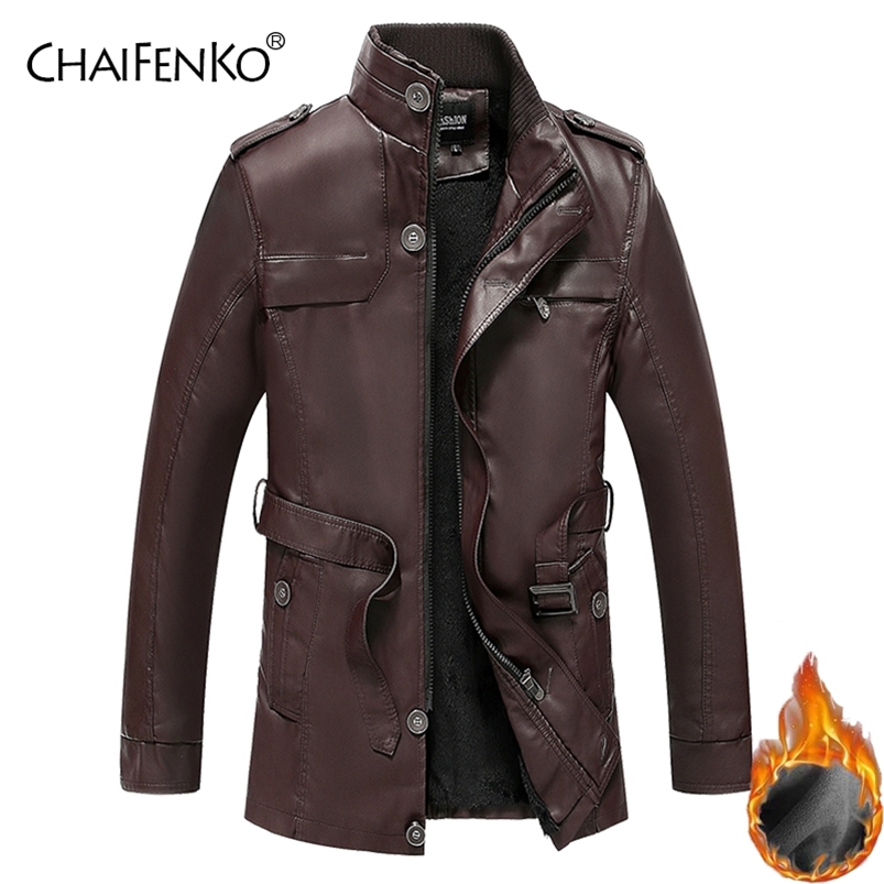 

CHAIFENKO Winter Fleece Warm Men Leather Jacket Motorcycle Stand Collar Faux Fur Leather Jacket Men Fashion PU Thick Jacket Coat 211111, Dark red