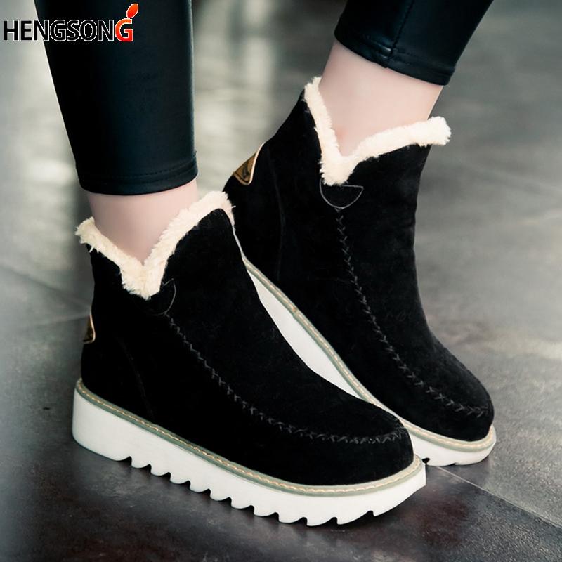 

Autumn Winter Women Snow Boots Round Toe Ankle Warm Plush Slip-On Shoes Flats Black Beige Brown Plus Size 34-43