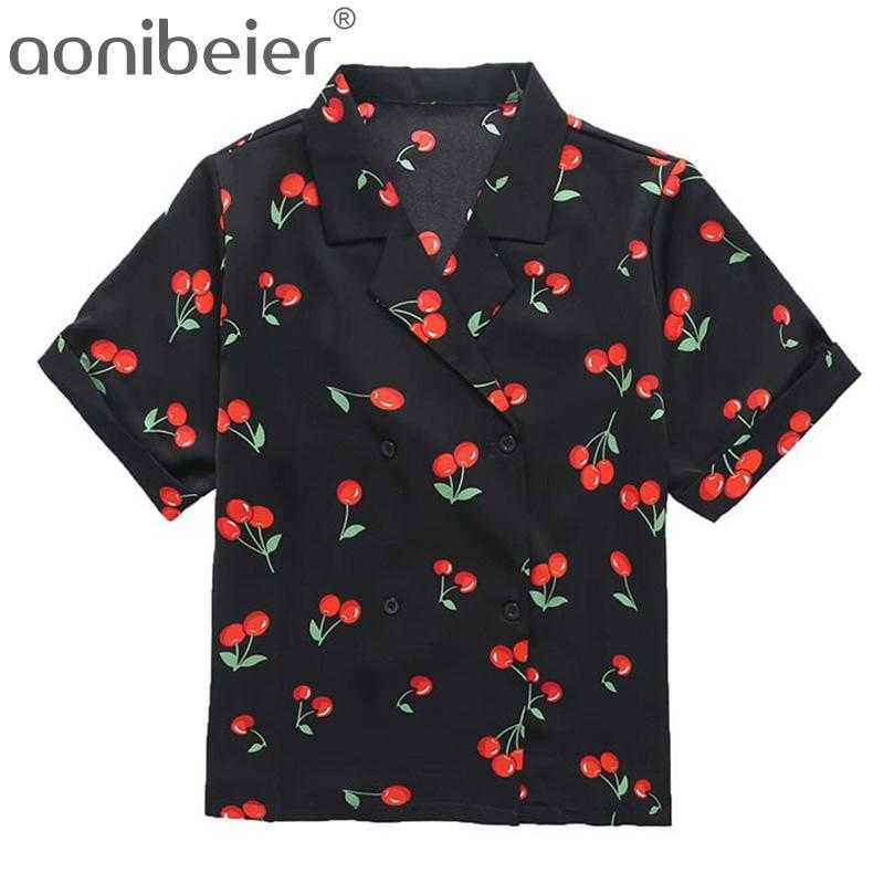 

Cherry Print Sweet Girls Casual Shirts Summer Fashion Roll Sleeve Notched Collar Double Breasted Women Loose Shirt 210604